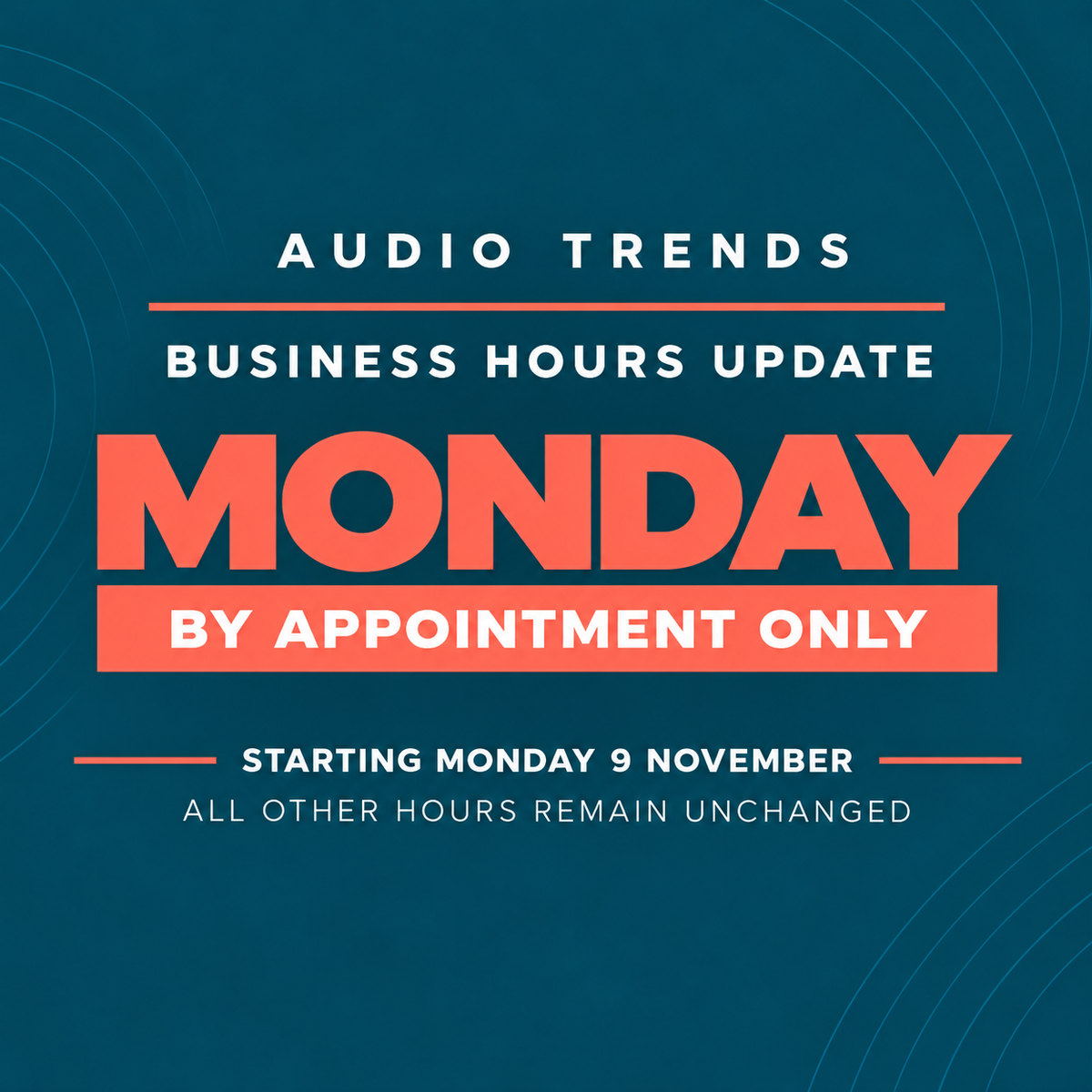 blue banner with white and orange text about hour changes to audio trends