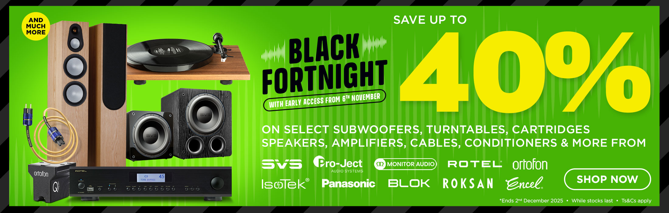 Promotional banner for Black Fortnight sale on audio equipment with discounts on subwoofers, turntables, and speakers.