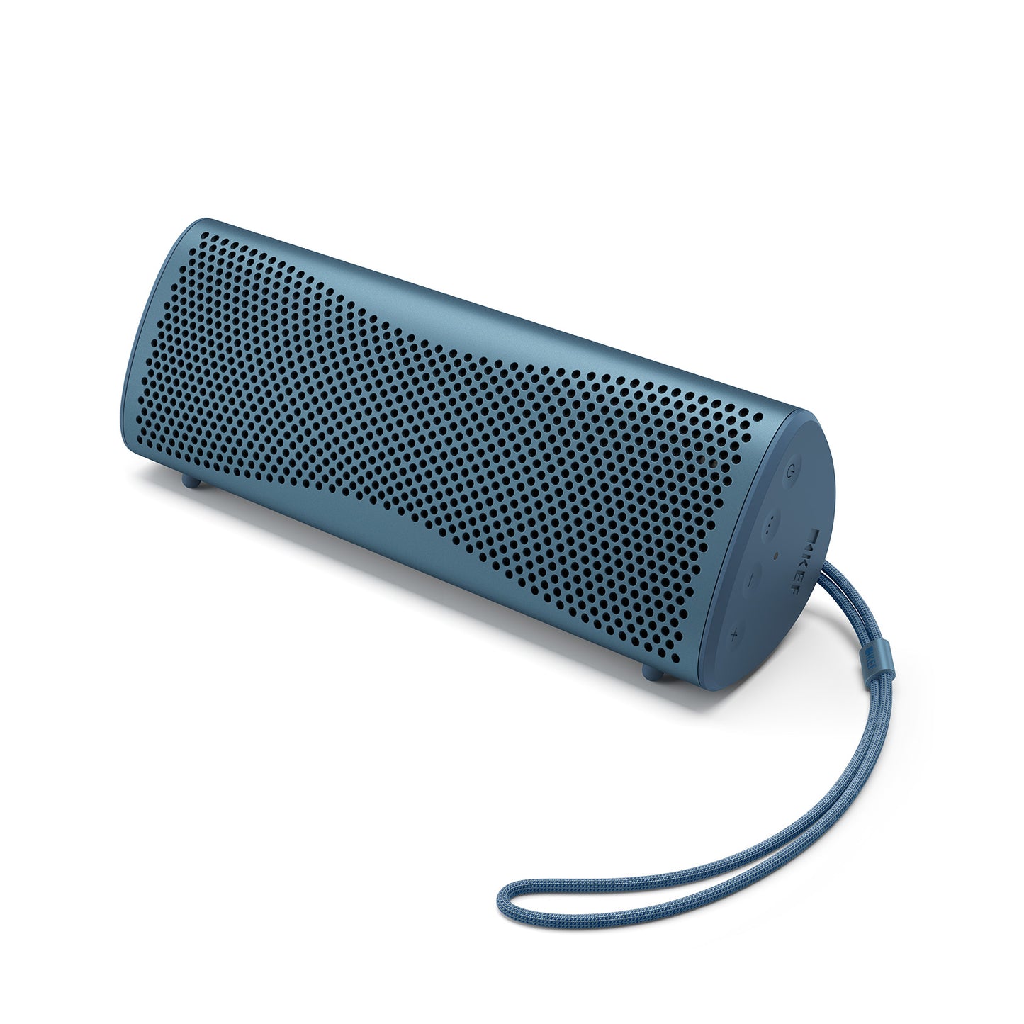 Blue portable speaker with a strap on a white background