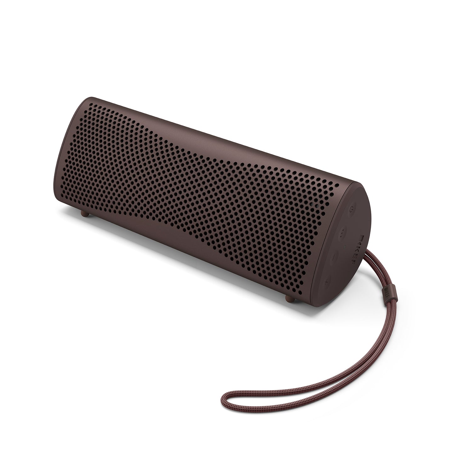 Brown portable speaker with a strap on a white background