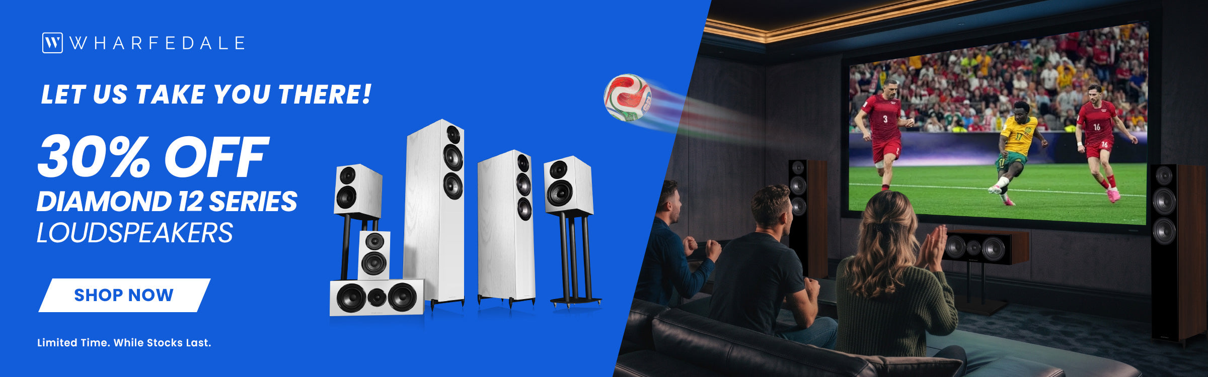 Wharfedale 30% Off on blue background