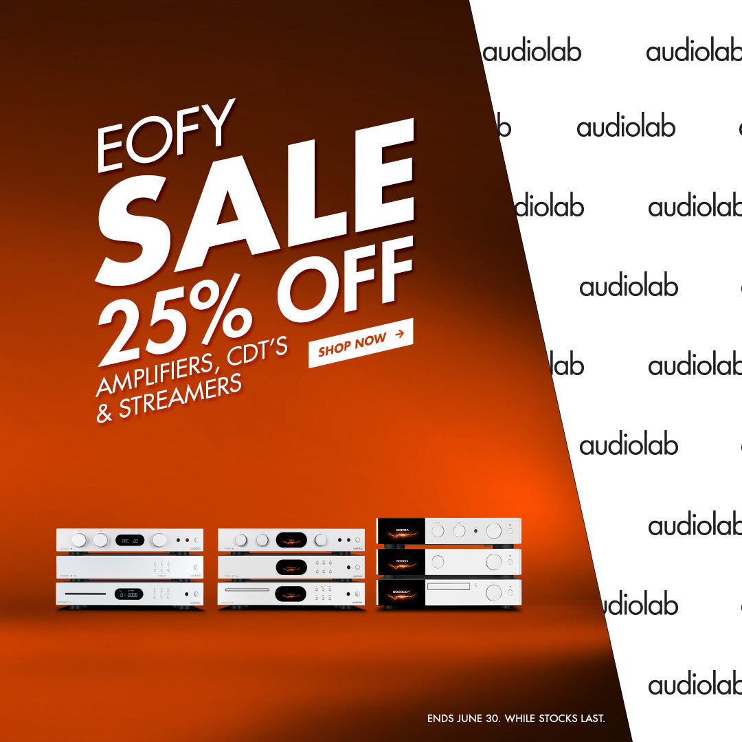 EOFY sale advertisement with audio equipment on a brown background