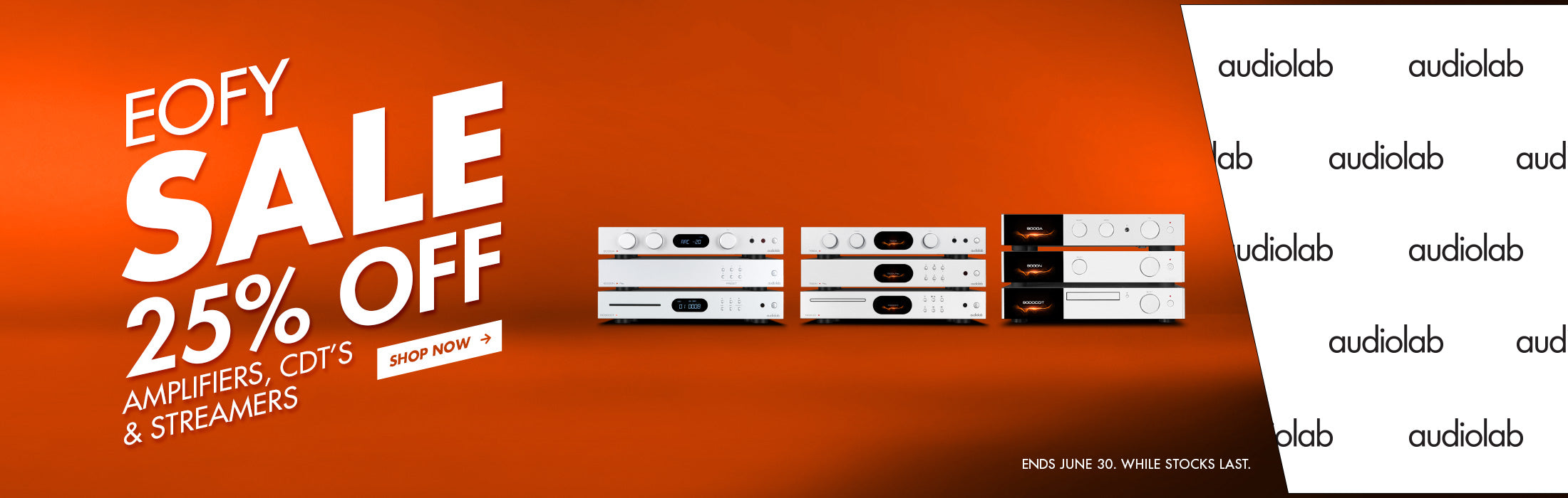 Audiolab amplifier and streamer sale banner with 25% off text on an orange background.