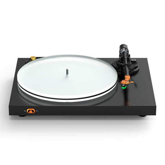 Front view of black Fosi Audio Luna3 Turntable on white background