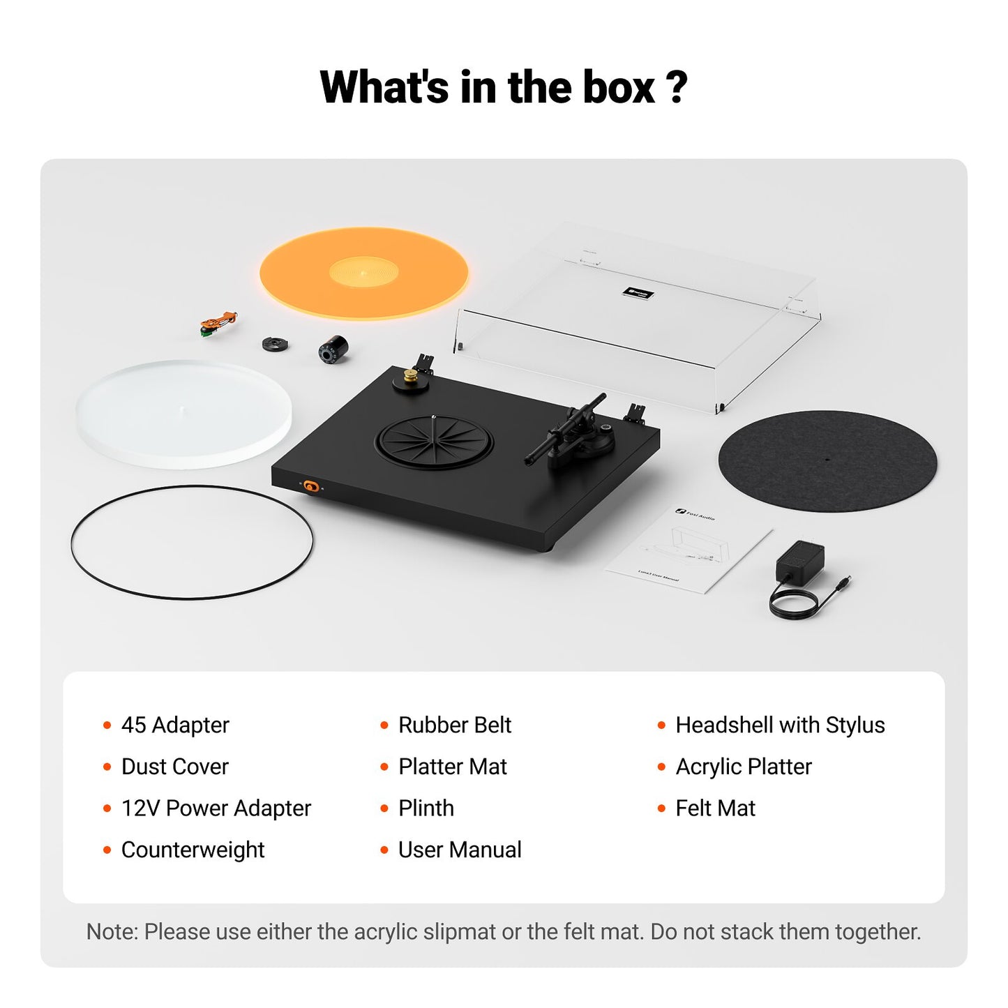 Turntable with accessories on a white background, listing included items.