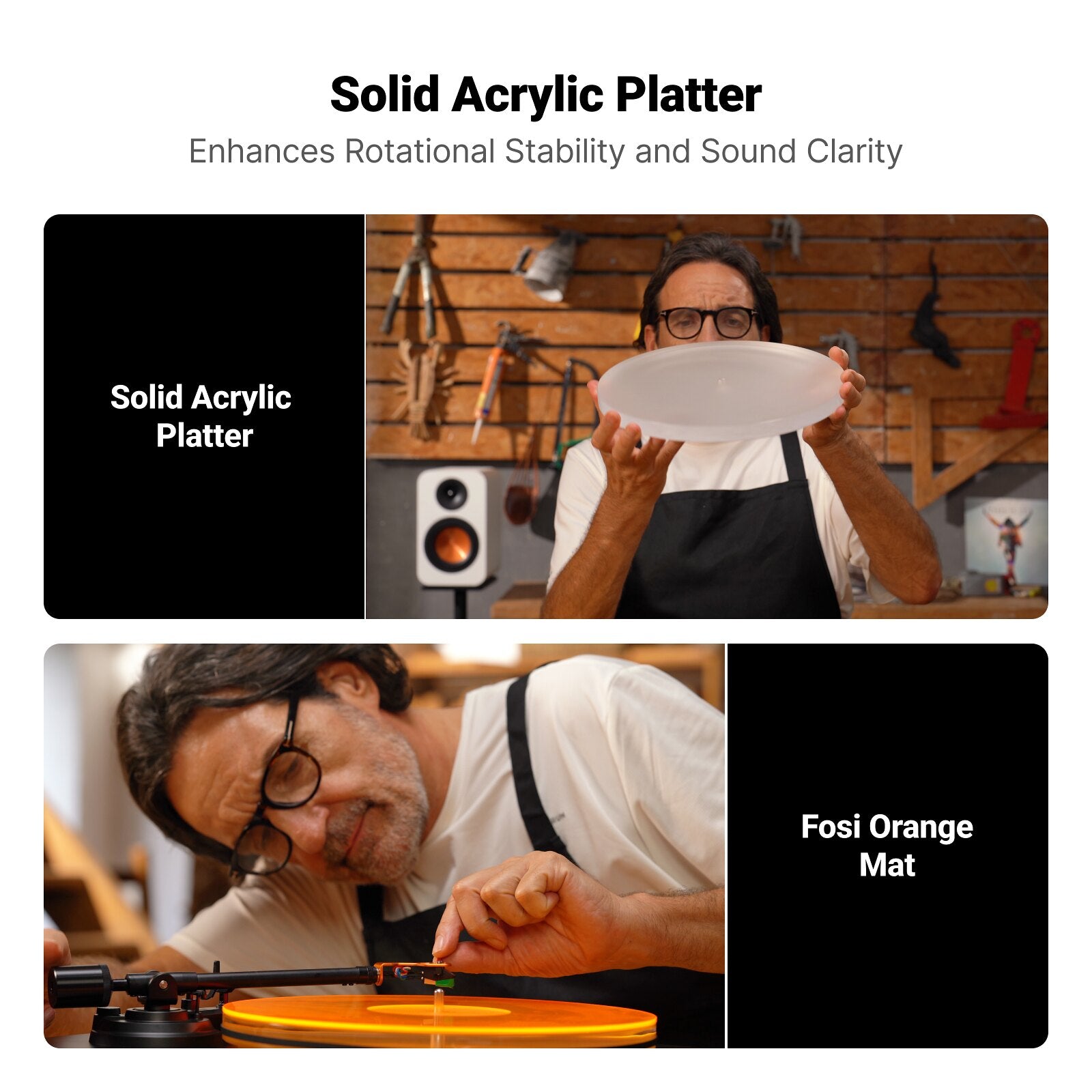Person holding a solid acrylic platter with text about its benefits, followed by a person working on a turntable with an orange mat.