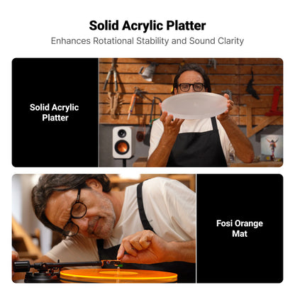 Person holding a solid acrylic platter with text about its benefits, followed by a person working on a turntable with an orange mat.