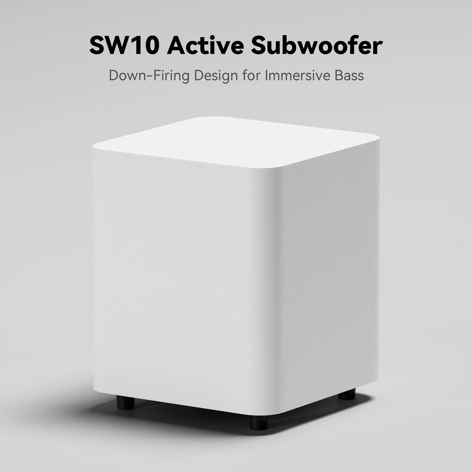 White active subwoofer with text on a gray background