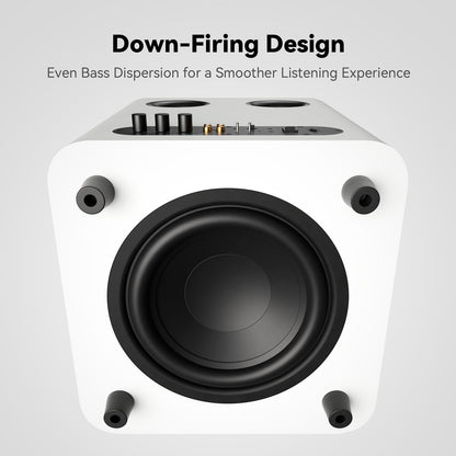 A white and black subwoofer speaker shown from a front-facing perspective with text above reading 'Down-Firing Design' and 'Even Bass Dispersion for a Smoother Listening Experience.'.