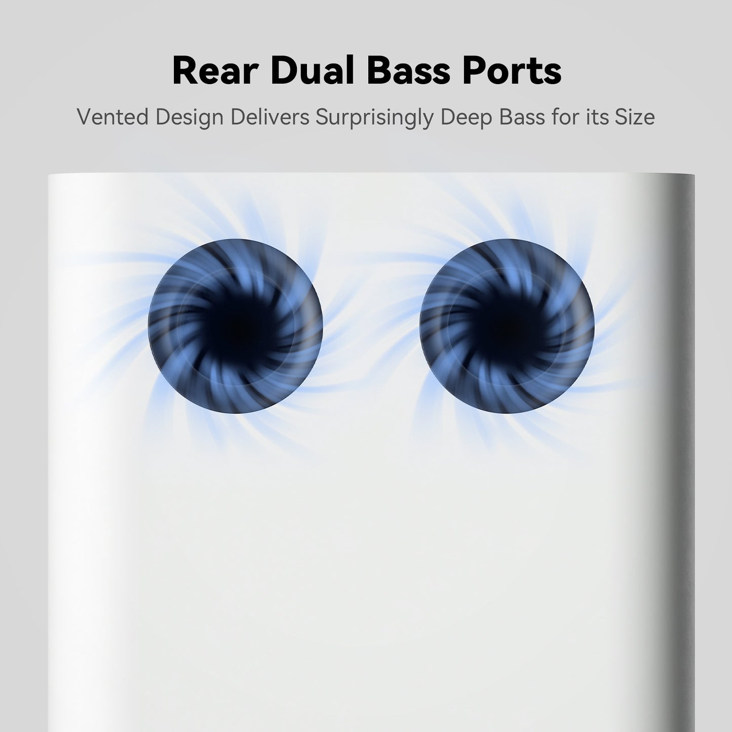 Rear dual bass ports with blue swirling design on a gray background
