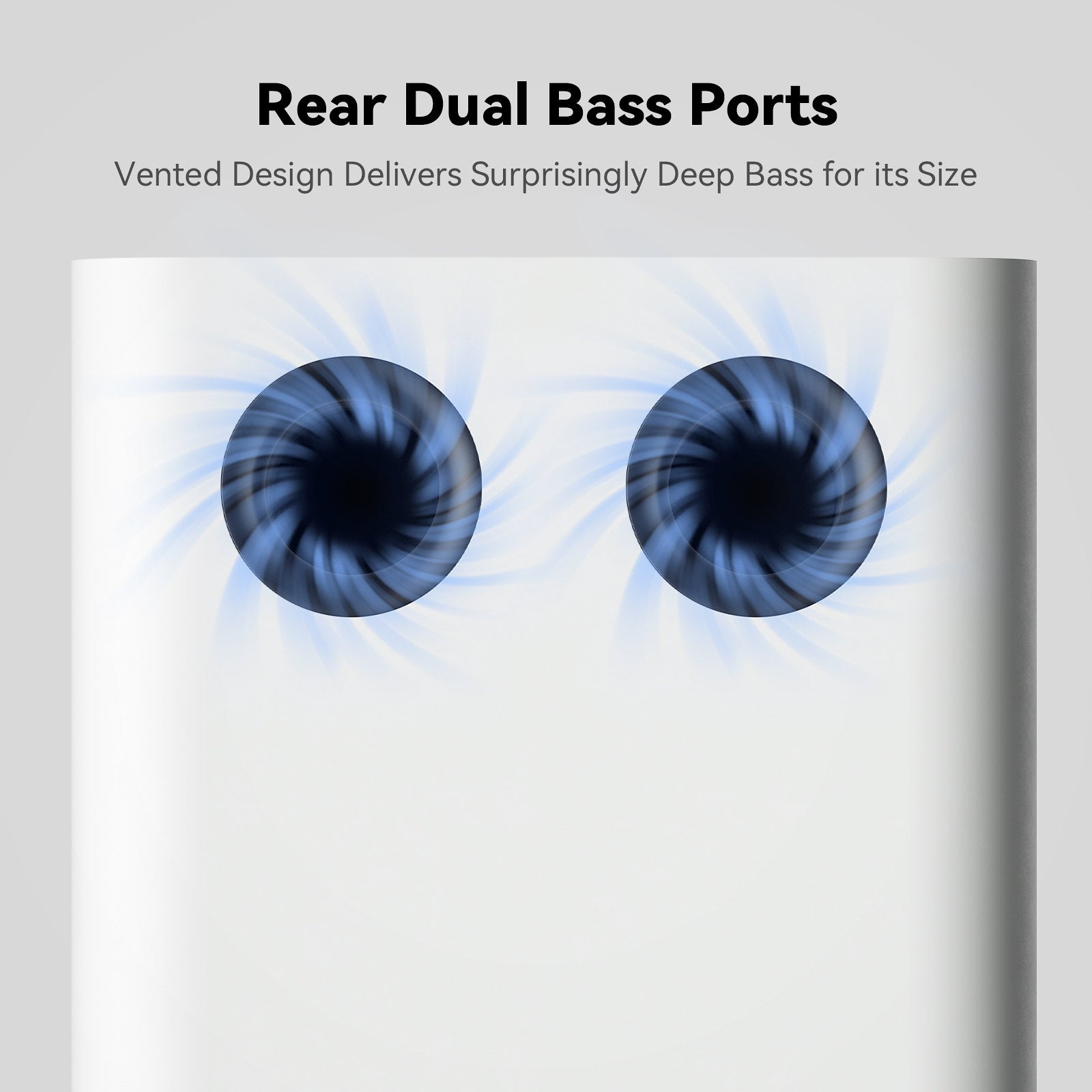 Rear dual bass ports with blue swirling design on a gray background
