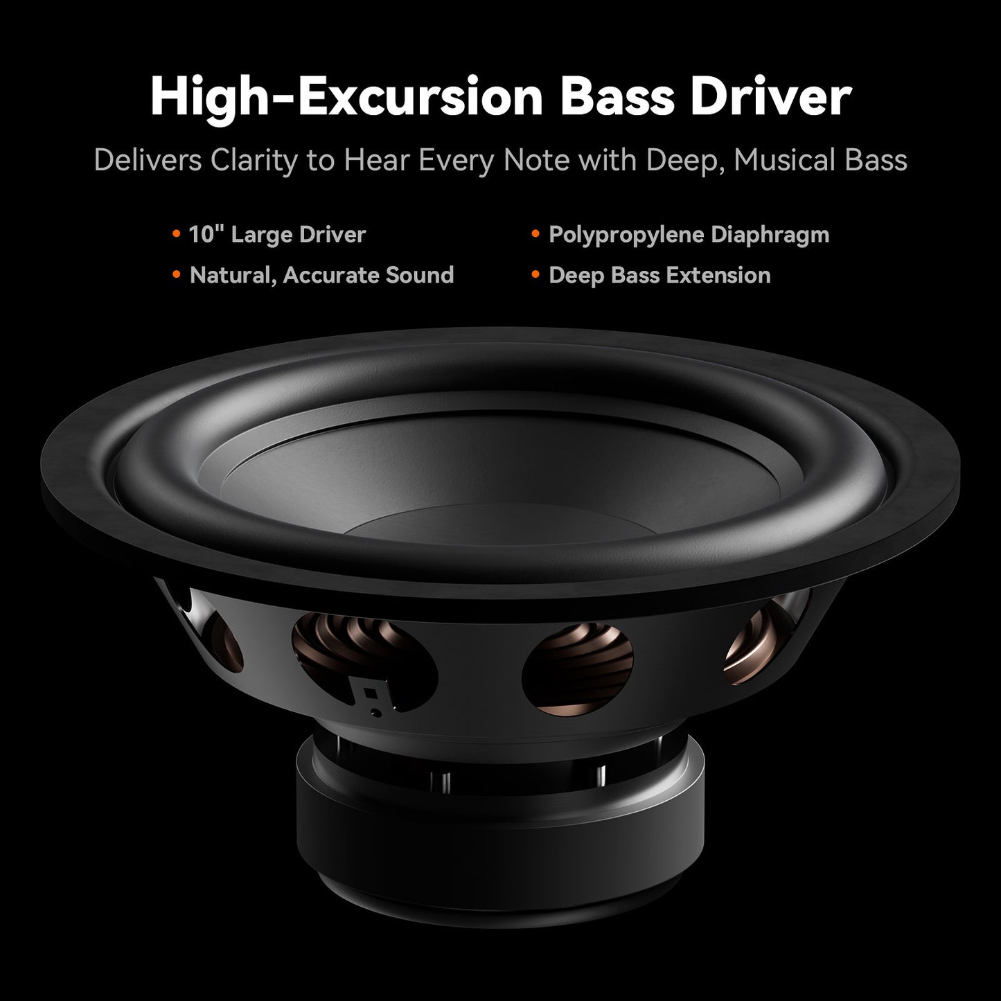 High-excursion bass driver with features listed on a black background