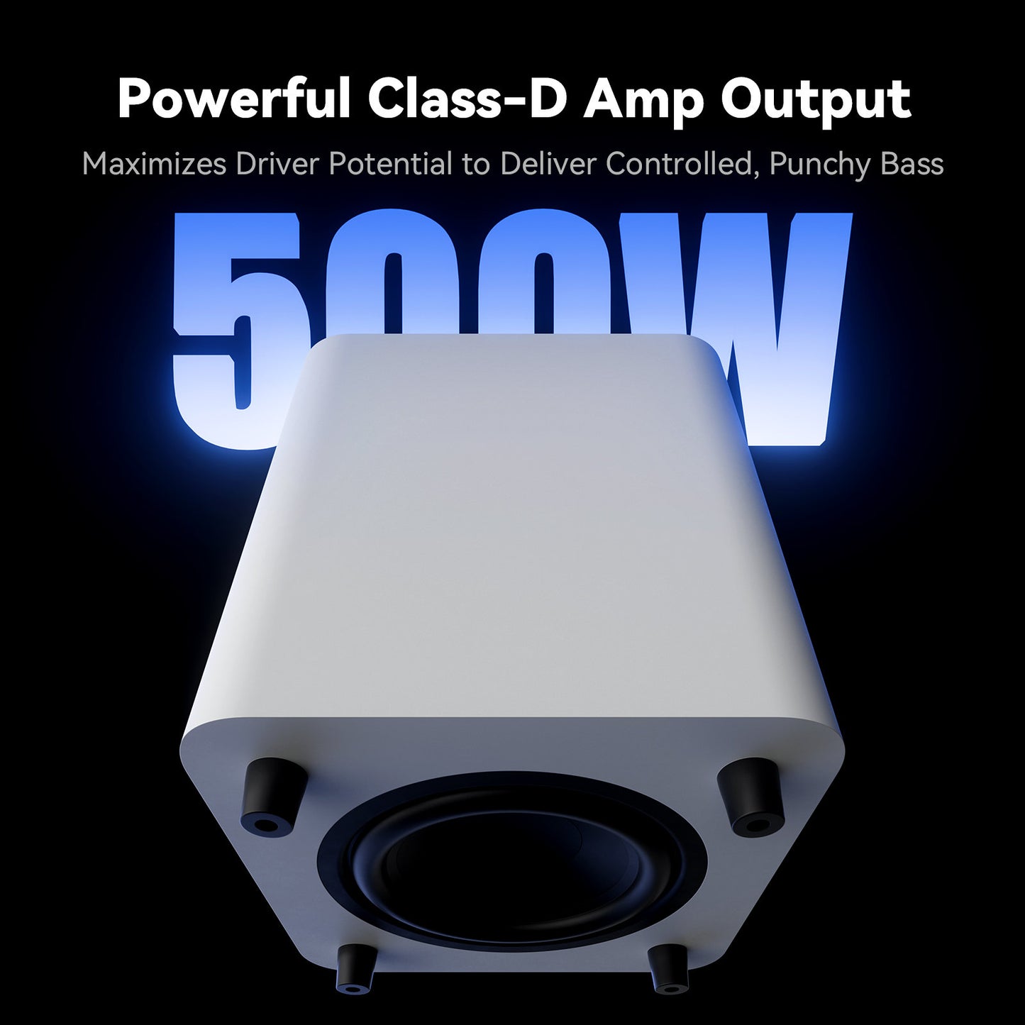 A white subwoofer shown from the front on a black background, with large blue text reading 500W and smaller text above saying 'Powerful Class-D Amp Output' and 'Maximizes Driver Potential to Deliver Controlled, Punchy Bass.'.