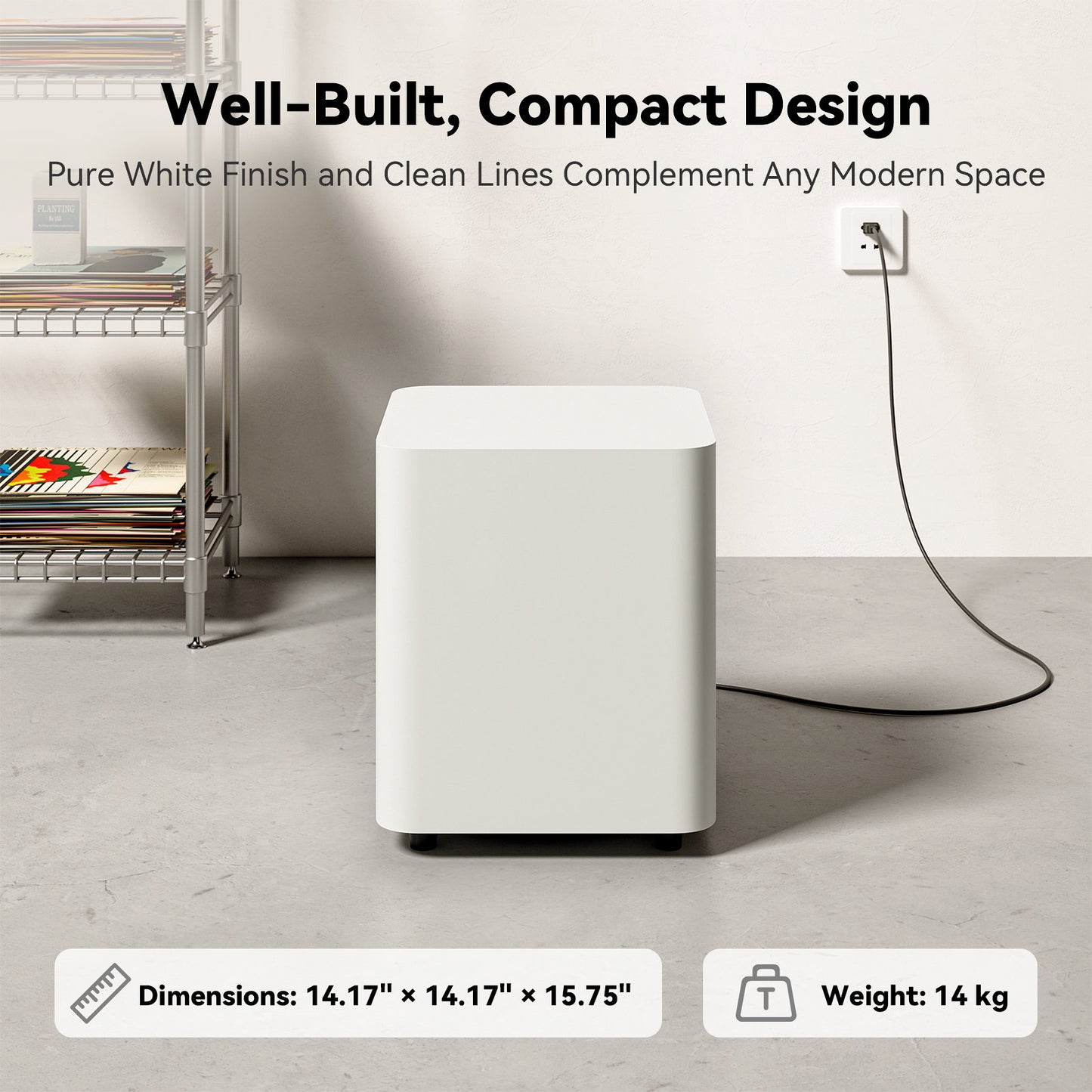 White Fosi Audio SW10 Subwoofer on a light gray floor with text about its design and features.