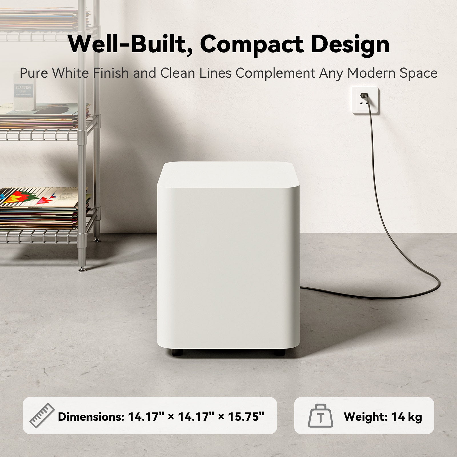 White Fosi Audio SW10 Subwoofer on a light gray floor with text about its design and features.