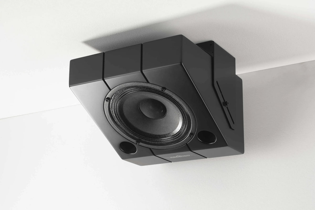 Black Ascendo THE6 Passive Wedge Speaker mounted on ceiling