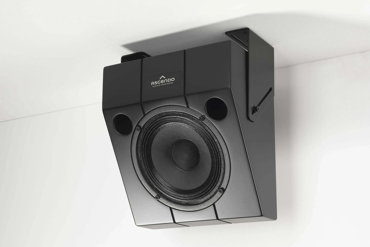 Black Ascendo THE6 Passive Wedge Speaker mounted on ceiling