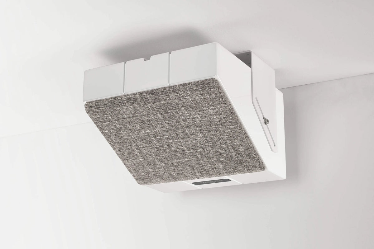 White Ascendo THE6 Passive Wedge Speaker with grey grille on