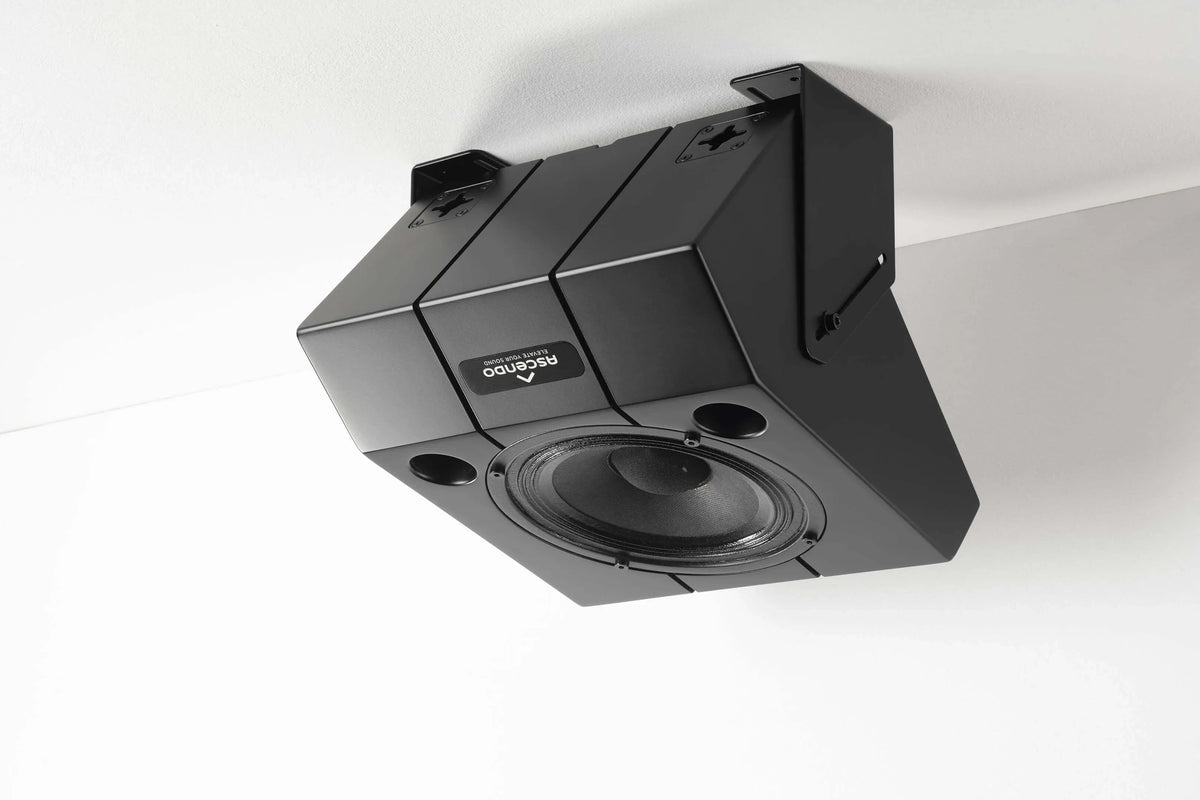 Black Ascendo THE6 Passive Wedge Speaker mounted on ceiling