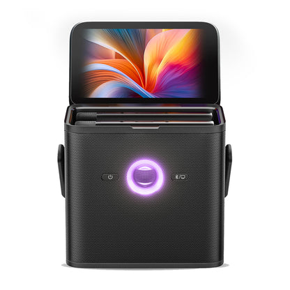 Front view of Ikarao Shell S3 HD Portable Karaoke Speaker showing led screen