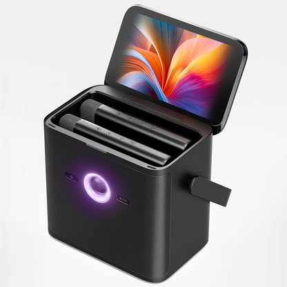 Ikarao Shell S3 HD Portable Karaoke Speaker showing screen and microphones on an angle