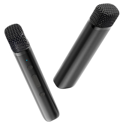 Two black wireless microphones on a white background