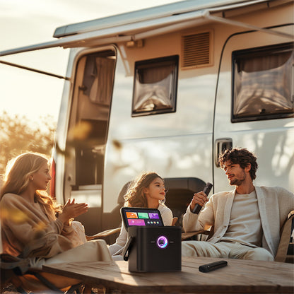 Family sitting outside an RV with a portable entertainment device on a table.