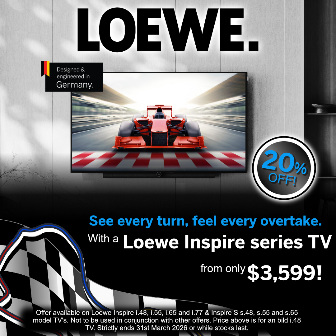 Advertisement for Loewe Inspire series TV with a racing car on screen and promotional offer.