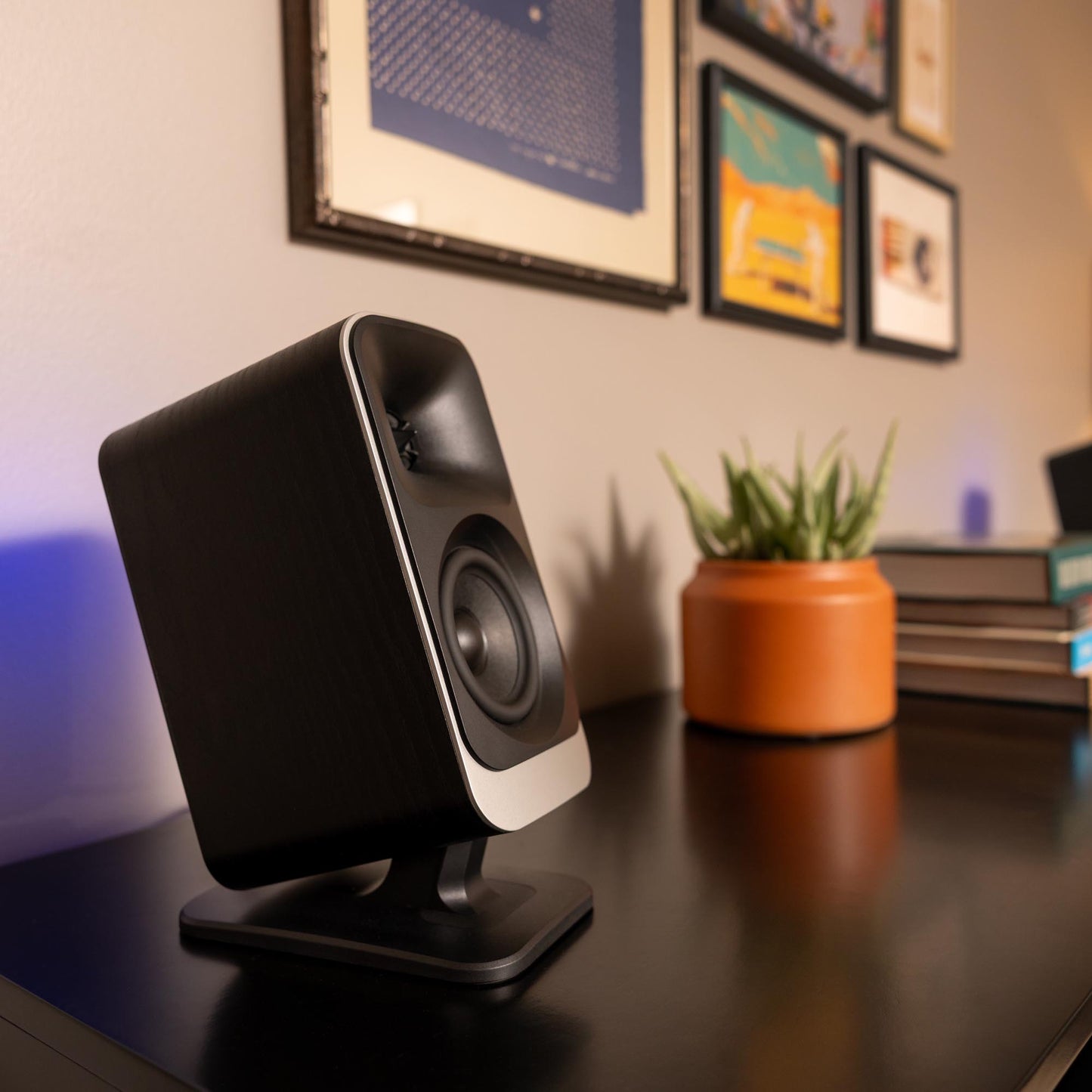 Black speaker on a desk with decorative items in the background