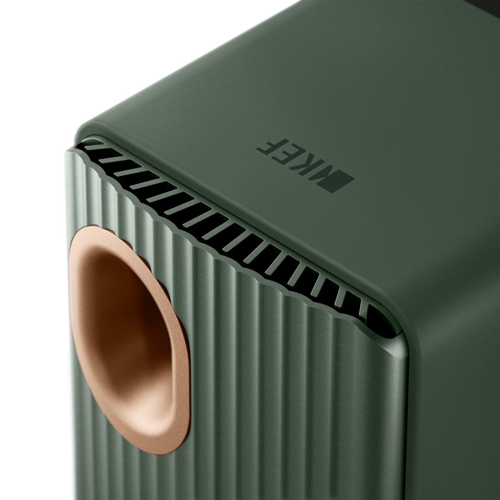 KEF LS50 Moss Green close up of rear on white background