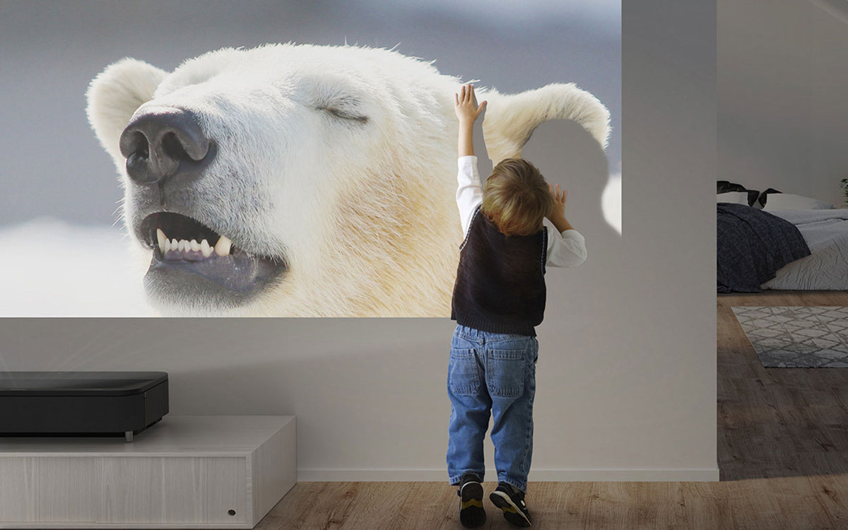 Child interacting with a large screen displaying an image of a polar bear in a home setting.