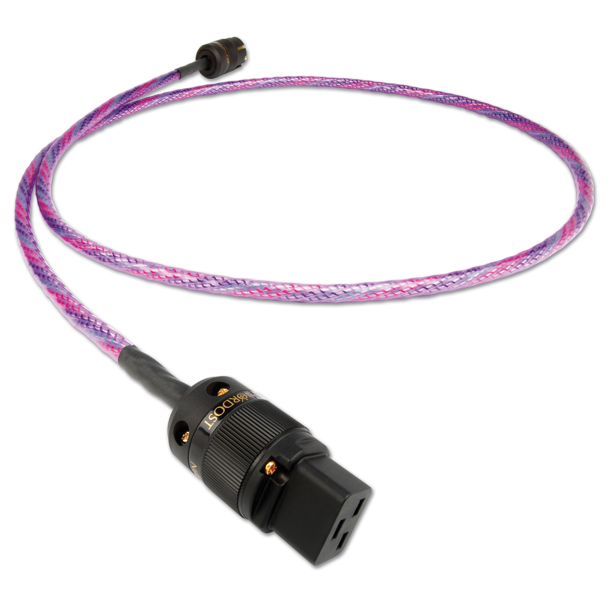 Braided cable with a black connector on a white background
