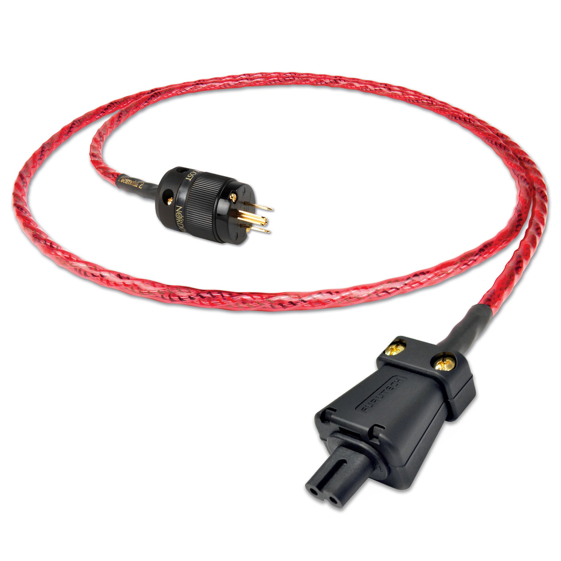 Red braided cable with black connectors on a white background