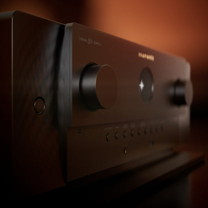 Close up of Marantz Cinema 50 Series 2 9.4 Channel AV Receiver with orange background