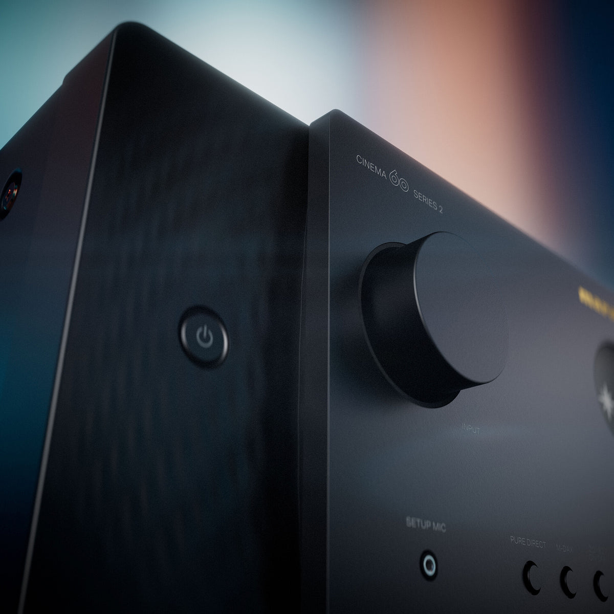 Close up of black Marantz Cinema 60 Series 2 AV Receiver showing imput dial