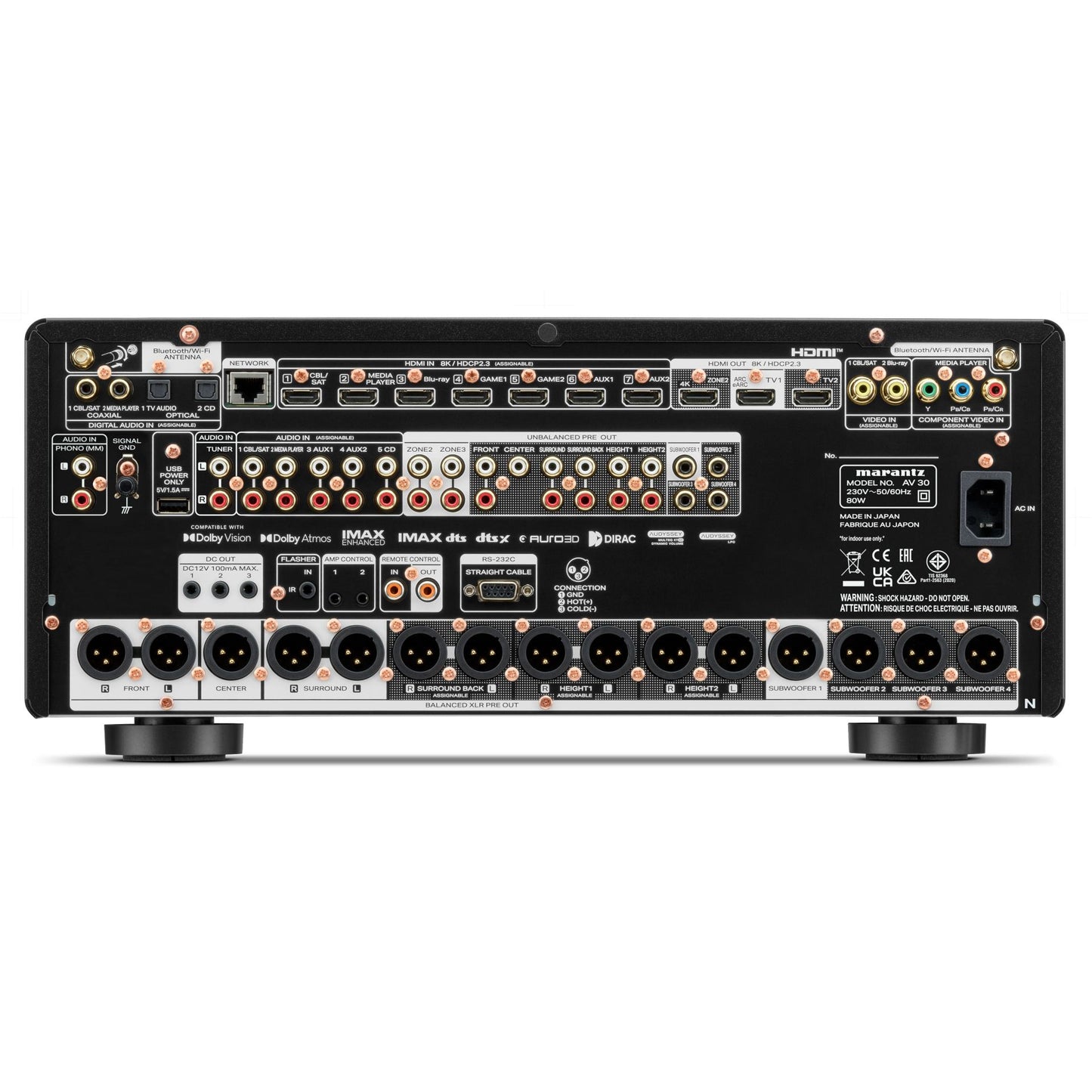 Back panel view of Marantz AV 30 Amplifier on white background