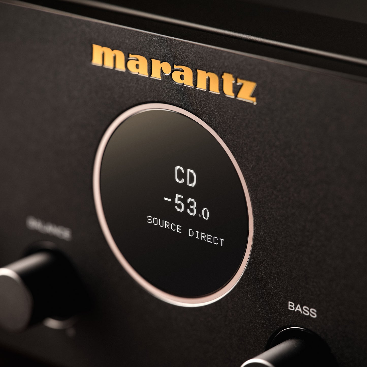 Close up of Marantz Model 70 Integrated Amplifier on white background showing logo