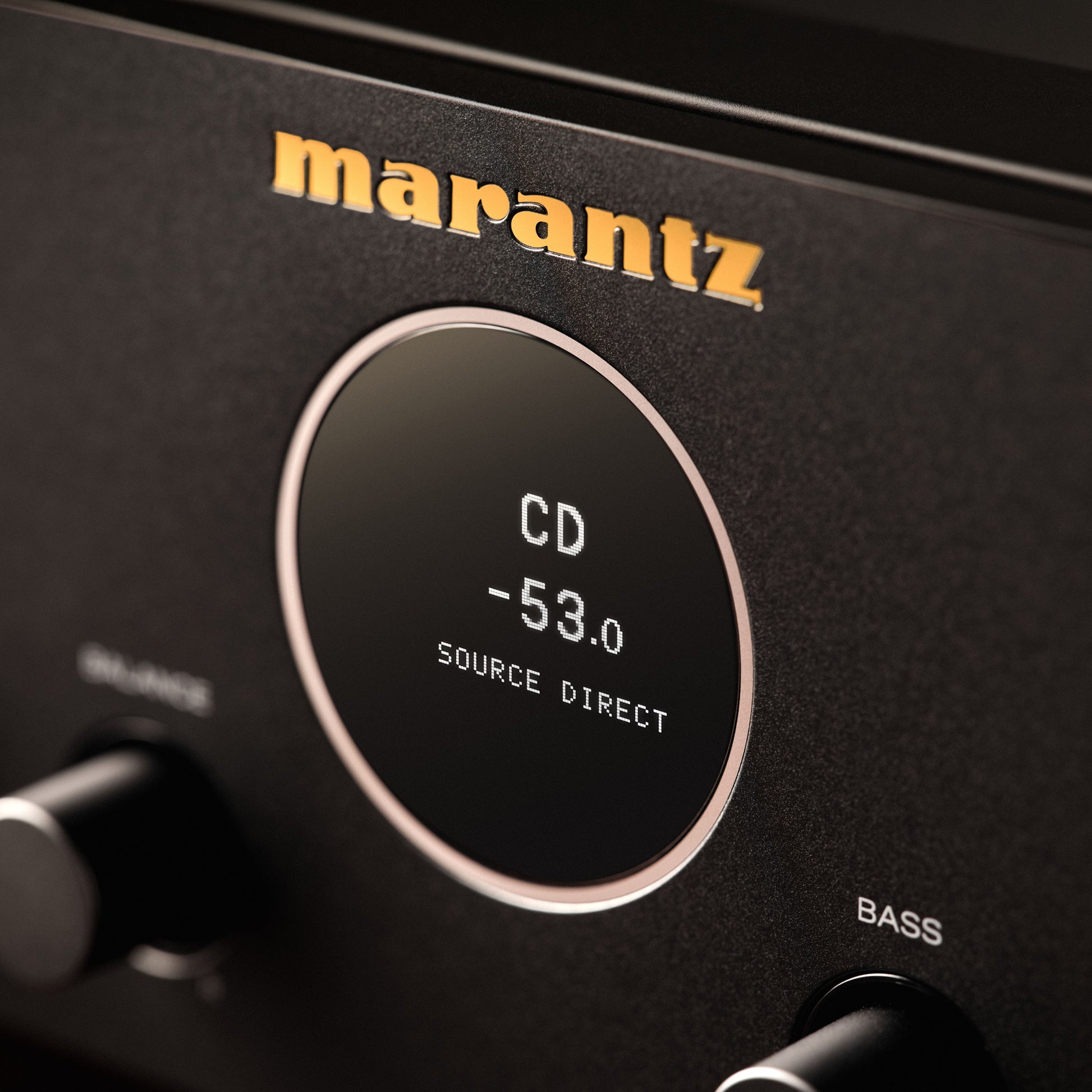 Close up of Marantz Model 70 Integrated Amplifier on white background showing logo