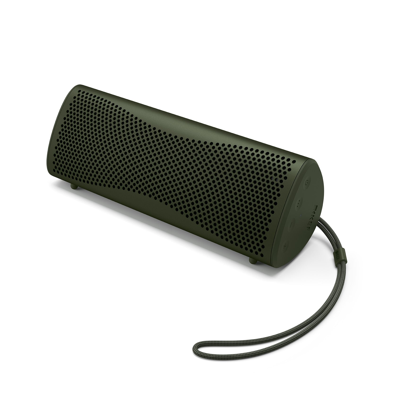 Green portable speaker with a strap on a white background