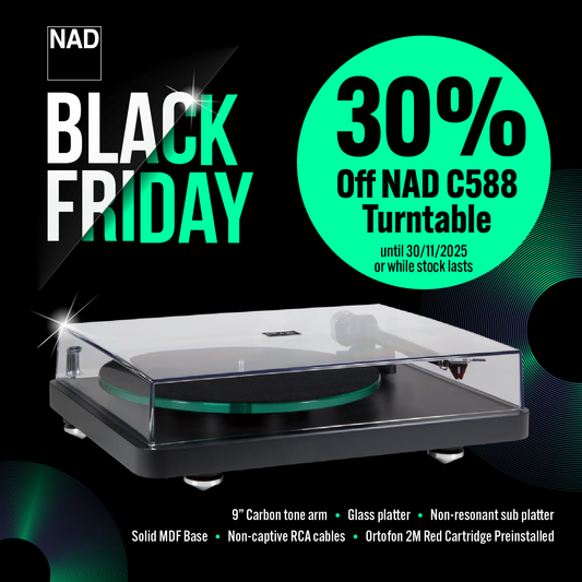 NAD C588 turntable with Black Friday promotion on a dark background
