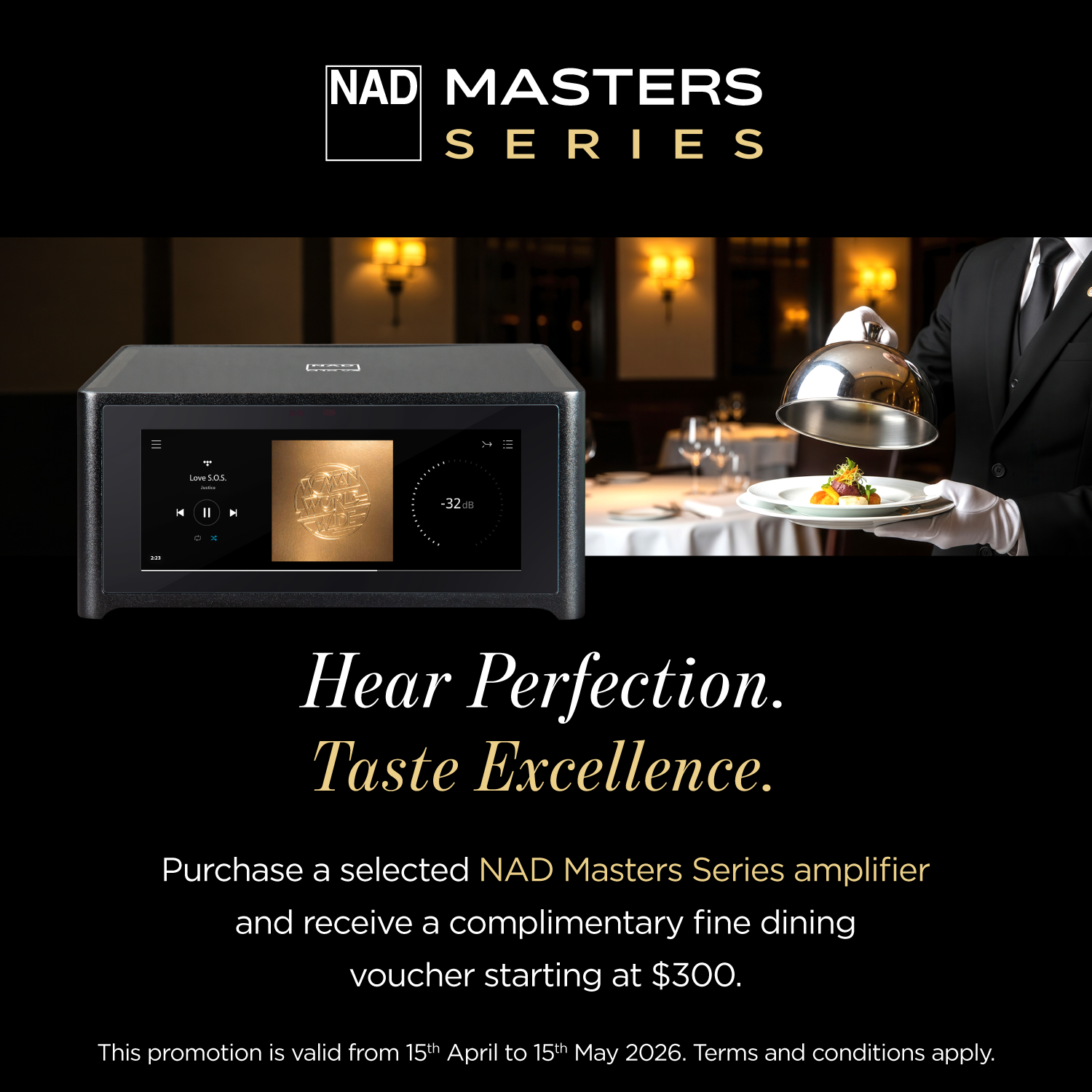 Advertisement for NAD Masters Series amplifier with a waiter serving food, set against a dark background.