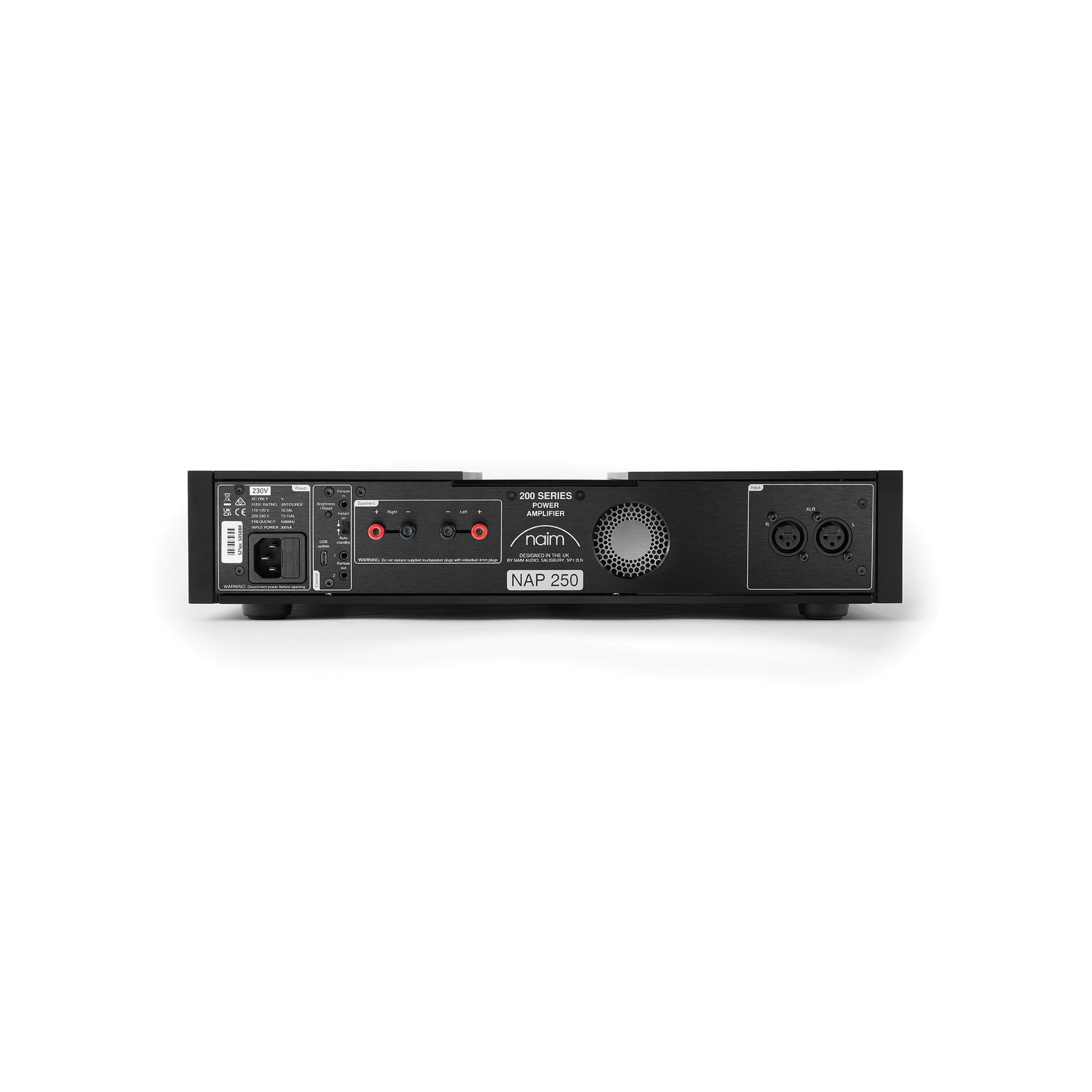 Back view of Naim NAP 250 Power Amplifier on white background