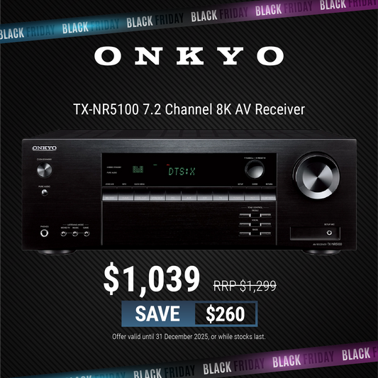 Onkyo TX-NR5100 on black background with Black Friday promotional text