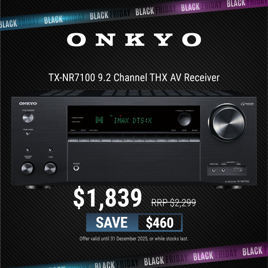 Onkyo TX-NR7100 9.2 Channel THX AV Receiver with Black Friday sale banner.