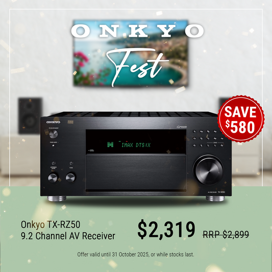 Onkyo TX-RZ50 AV receiver with promotional text on a light gray background