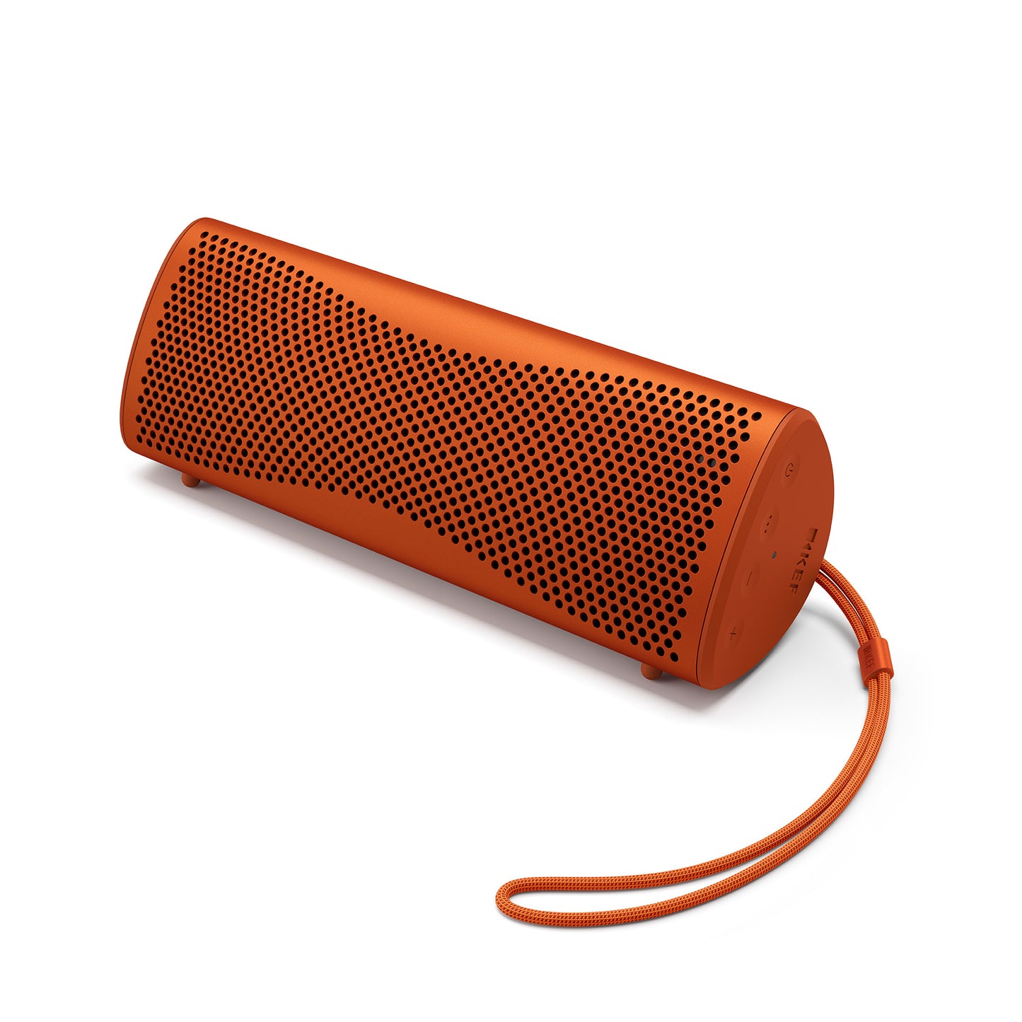 Orange portable speaker with a strap on a white background