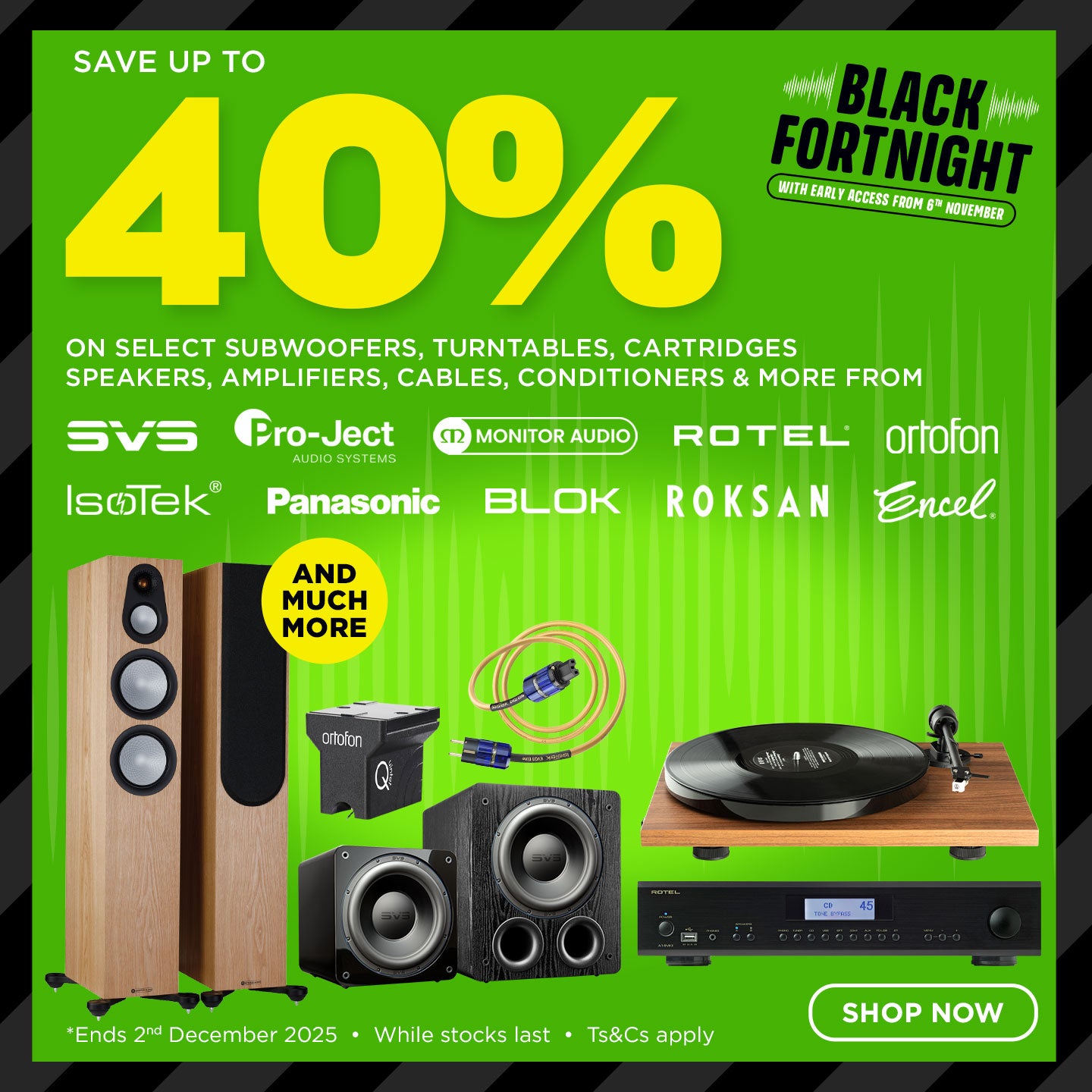 Promotional poster for Black Fortnight sale with audio equipment and discount information on a green background.