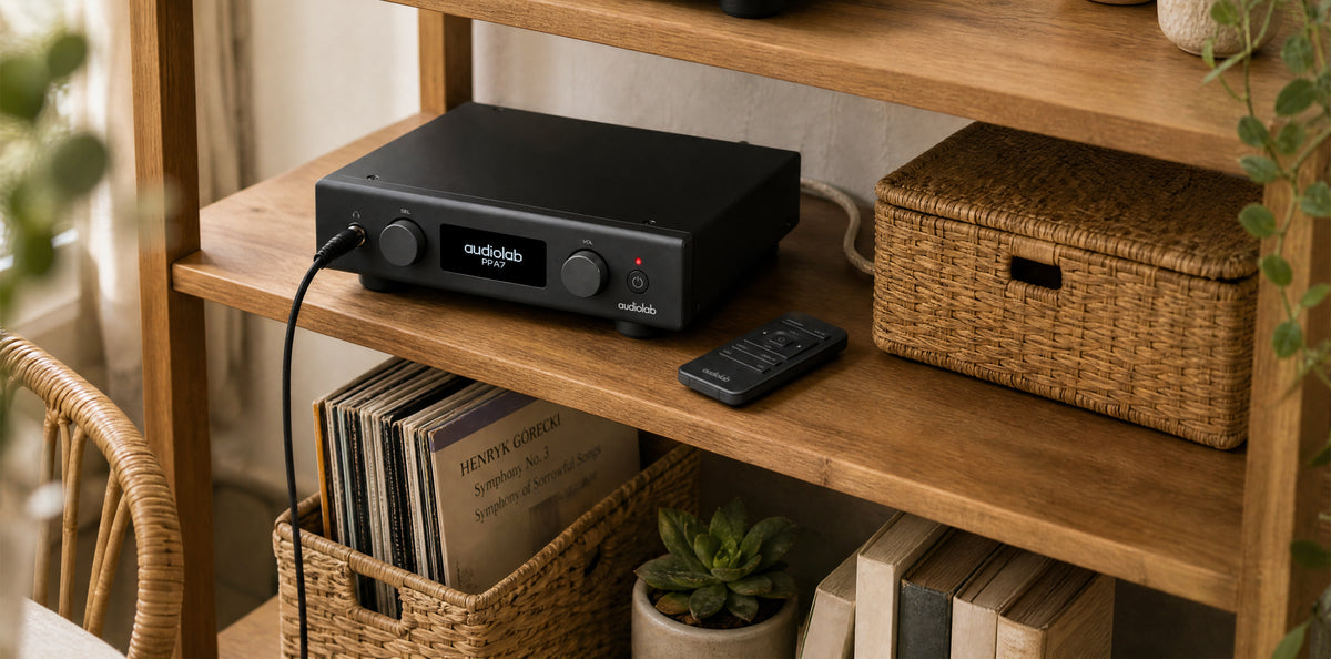 Black Audiolab PPA7 Phono Preamplifier on timber shelf