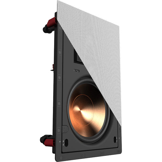 Front view of Klipsch PRO-18RW In-Wall Speaker with half the grille on
