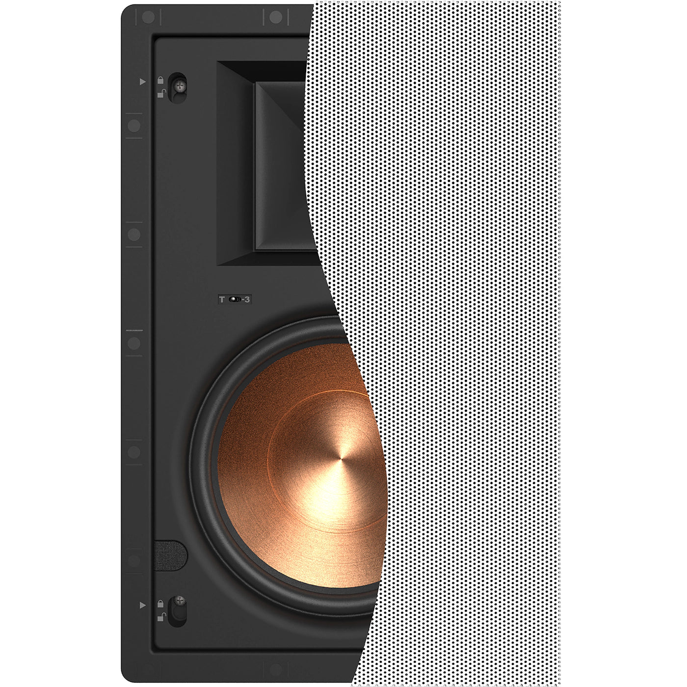 Front view of Klipsch PRO-18RW In-Wall Speaker with half the grille on